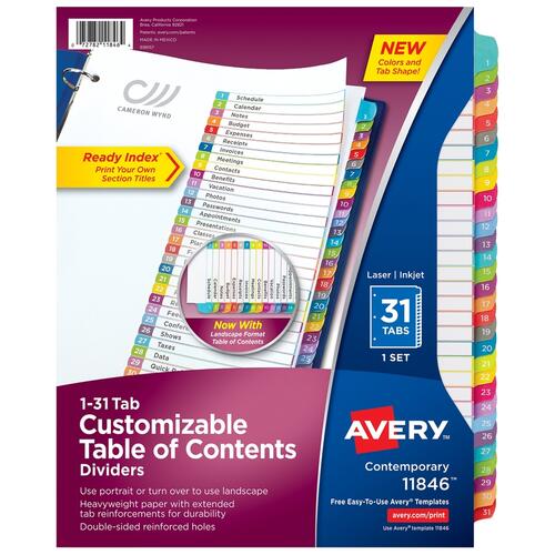 Avery 1-31 Arched Tab Custom TOC Dividers Set (11846)