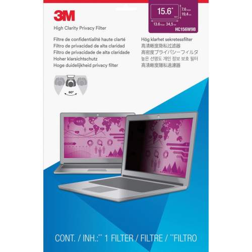 3M High Clarity Privacy Filter for 15.6in Laptop with COMPLY Flip Attach, 16:9, HC156W9B Black, Glossy