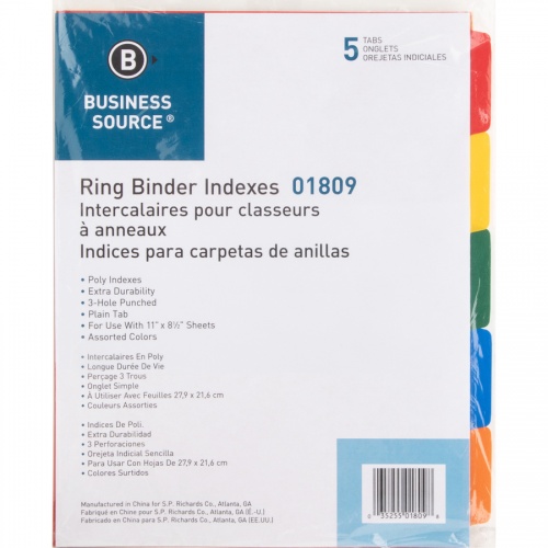 Business Source Plain Tab Color Polyethylene Index Dividers (01809)