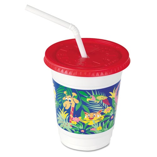 Dart Plastic Kids' Cups with Lids/Straws, 12 oz, Jungle Print, 250 Cups, 250 Lids, 250 Straws/Carton (CC12CJ5145)