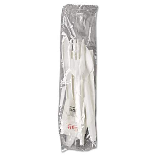 GEN Wrapped Cutlery Kit, Fork/Knife/Spoon/Napkin/Salt/Pepper, Polypropylene, White, 250/Carton (6KITMW)
