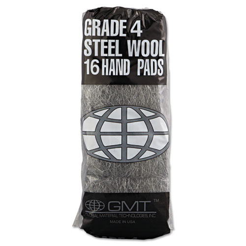 GMT Industrial-Quality Steel Wool Hand Pads, #4 Extra Coarse, Steel Gray, 16 Pads/Sleeve, 12 Sleeves/Carton (117007)