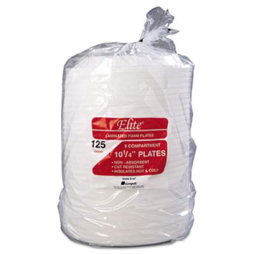 Genpak Elite Laminated Foam Dinnerware, 3-Comp Plate, 10.25"dia, White, 125/pk, 4 Pk/ct (LAM13)