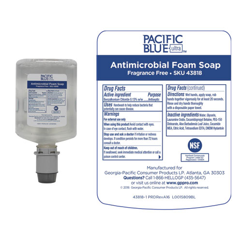 Georgia Pacific Professional Pacific Blue Ultra Foam Soap Manual Dispenser Refill, Antimicrobial, Unscented, 1,200 mL, 4/Carton (43818)