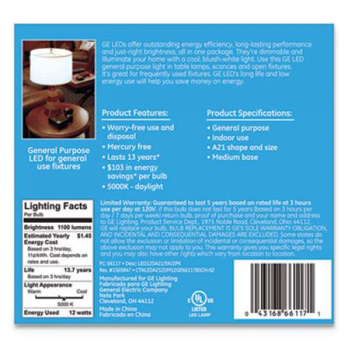 GE LED DAYLIGHT A21 DIMMABLE LIGHT BULB, 12 W, 2/PACK (66117)