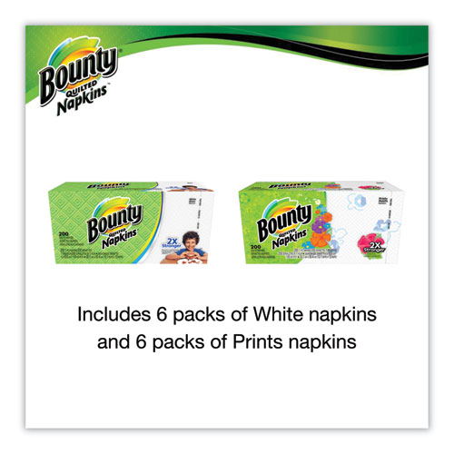 Bounty Quilted Napkins, 1-Ply, 12 1/10 x 12, 6 PK/Print, 6 PK/White, 200/PK, 12 PK/CT (34885CT)