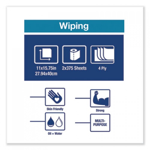Tork Industrial Paper Wiper, 4-Ply, 11 x 15.75, Blue, 375 Wipes/Roll, 2 Roll/Carton (13244101)