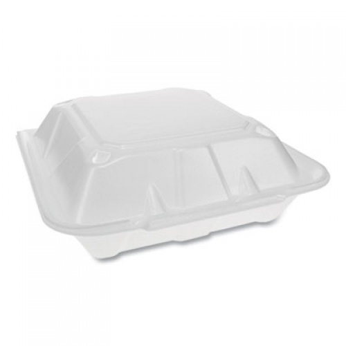 Pactiv Evergreen Foam Hinged Lid Containers, Dual Tab Lock Economy, 3-Compartment, 9.13 x 9 x 3.25, White, 150/Carton (YTD19903ECON)