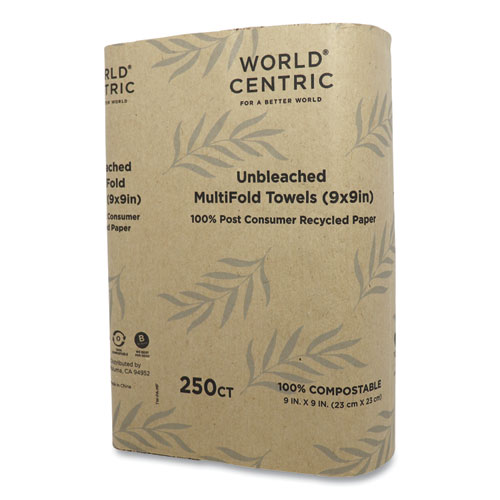 World Centric 100 Percent PCW Recycled Paper Towels, 1-Ply, 9 x 9, Natural, 250/Pack, 16 Packs/Carton (TWPAMF)