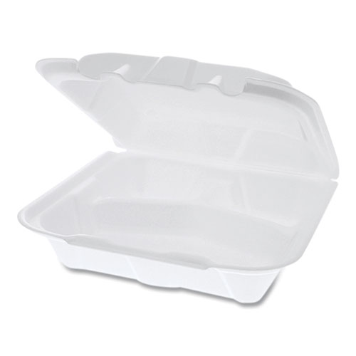 Pactiv Evergreen Foam Hinged Lid Containers, Dual Tab Lock, 3-Compartment, 8.42 x 8.15 x 3, White, 150/Carton (YTD188030000)