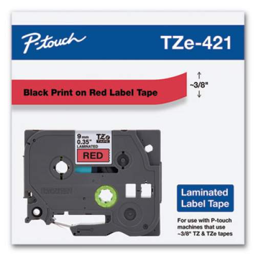 Brother TZe Standard Adhesive Laminated Labeling Tape, 0.35" x 26.2 ft, Black on Red (TZE421)