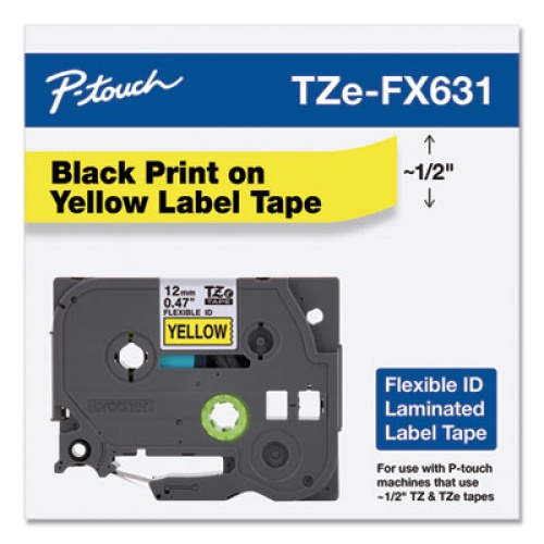 Brother TZe Flexible Tape Cartridge for P-Touch Labelers, 0.47" x 26.2 ft, Black on Yellow (TZEFX631)