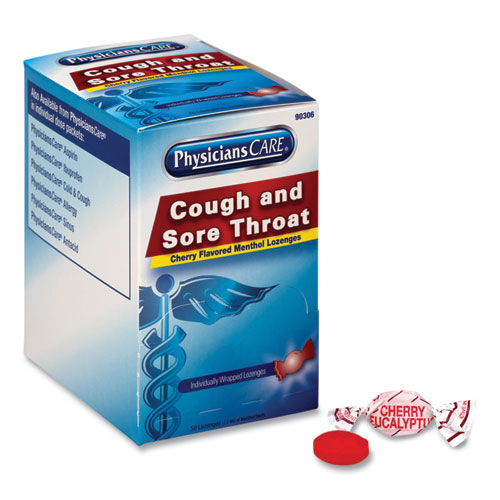 PhysiciansCare Cough and Sore Throat, Cherry Menthol Lozenges, 50 Individually Wrapped per Box (90306)