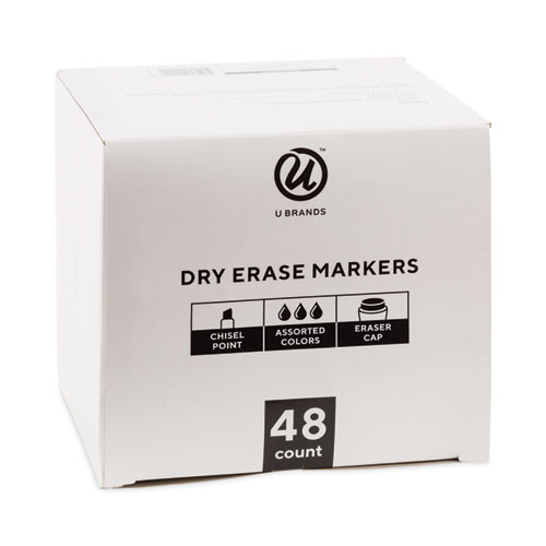 U Brands Chisel Tip Low-Odor Dry-Erase Markers with Erasers, Broad Chisel Tip, Assorted Colors, 48/Pack (2924U0001)
