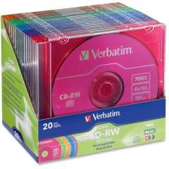 Verbatim CD-RW 700MB 2X-4X DataLifePlus with Color Branded Surface and Matching Case - 20pk Slim Case, Assorted (94300)
