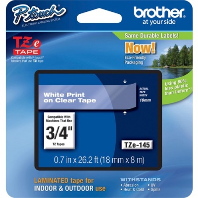 Brother 18mm (0.7") White on Clear tape for P-Touch 8m (26.2 ft) (TZE145)