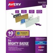 The Mighty Badge(R) by Avery Professional Reusable Name Badge System, Gold, 1" x 3" ID Badges, 10 Durable, Reusable Name Tags, 80 Inserts for Inkjet Printers (71203)