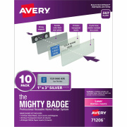 The Mighty Badge(R) by Avery Professional Reusable Name Badge System, Silver, 1" x 3" ID Badges, 10 Durable, Reusable Name Tags, 80 Inserts for Laser Printers (71206)
