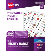 The Mighty Badge(R) by Avery Printable Insert Sheets, 1" x 3" ID Badges, 100 Clear Inserts (5 Sheets) for Inkjet Printers (71209)