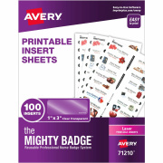 The Mighty Badge(R) by Avery Printable Insert Sheets, 1" x 3" ID Badges, 100 Clear Inserts (5 Sheets) for Laser Printers (71210)
