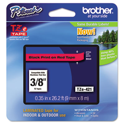 Brother TZe Standard Adhesive Laminated Labeling Tape, 0.35" x 26.2 ft, Black on Red (TZE421)