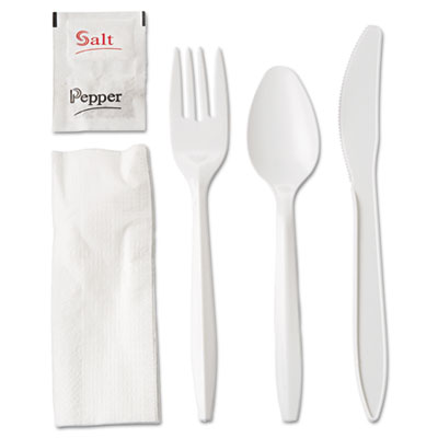 GEN Wrapped Cutlery Kit, Fork/Knife/Spoon/Napkin/Salt/Pepper, Polypropylene, White, 250/Carton (6KITMW)