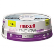 Maxell DVD+RW Rewritable Disc, 4.7 GB, 4x, Spindle, Silver, 15/Pack (634046)