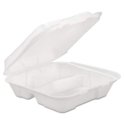 GEN Foam Hinged Carryout Container, 3-Comp, White, 9 1/4 X 9 1/4 X 3, 200/carton (HINGEDL3)