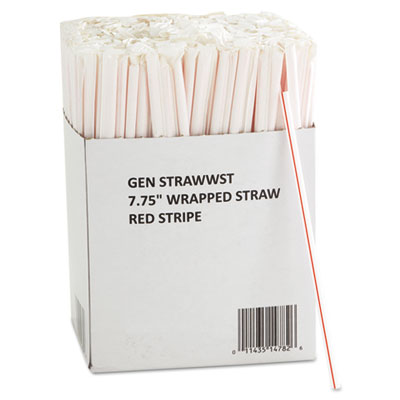 GEN Wrapped Jumbo Straws, 7 3/4", White W/red Stripes, 24/carton (STRAWWST)