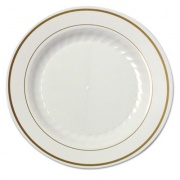 WNA Masterpiece Plastic Plates, 7 1/2 In, Ivory W/gold Accents, Rnd, 10/pk, 15 Pk/ct (MP75IPREM)