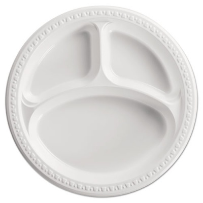 Chinet Heavyweight Plastic 3-Compartment Plates, 10.25" dia, White, 125/Pack, 4 Packs/Carton (81230)
