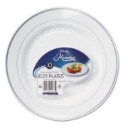 WNA Masterpiece Plastic Dinnerware, 10.25" dia, White/Silver, 10/Pack (RSM101210WSP)