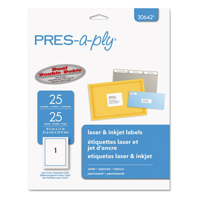 PRES-a-ply LABELS, INKJET/LASER PRINTERS, 8.5 X 11, WHITE, 25/PACK (30642)