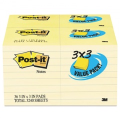 Post-it Notes Original Pads in Canary Yellow, Value Pack, 3" x 3", 90 Sheets/Pad, 36 Pads/Pack (65436VAD90)