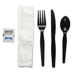 Boardwalk Six-Piece Cutlery Kit, Condiment/Fork/Knife/Napkin/Spoon, Heavyweight, Black, 250/Carton (FKTNSHWPSBLA)