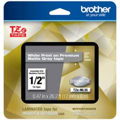 Brother TZe Premium Laminated Tape, 0.47" x 26.2 ft, White on Gray (TZEML35)