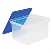 Storex Plastic File Tote, Letter/Legal Files, 18.5" x 14.25" x 10.88", Clear/Blue (61508U01C)