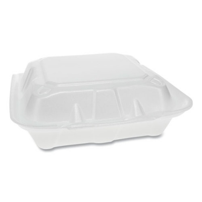 Pactiv Evergreen Foam Hinged Lid Containers, Dual Tab Lock, 3-Compartment, 8.42 x 8.15 x 3, White, 150/Carton (YTD188030000)