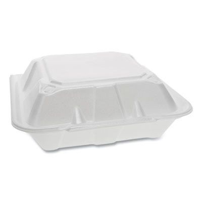 Pactiv Evergreen Foam Hinged Lid Containers, Dual Tab Lock, 3-Compartment, 9.13 x 9 x 3.25, White, 150/Carton (YTD199030000)