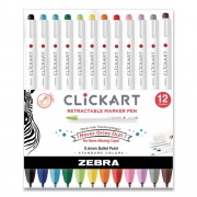 Zebra ClickArt Porous Point Pen, Retractable, Fine 0.6 mm, Assorted Ink Colors, White/Assorted Barrel, 12/Pack (69012)