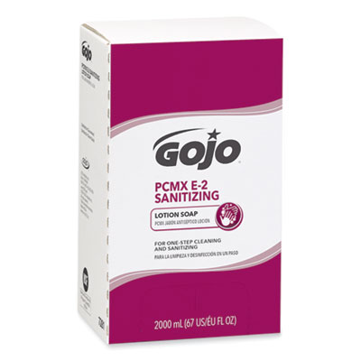 GOJO E2 Sanitizing Lotion Soap with PCMX, For Pro TDX Dispenser, Fragrance-Free, 2,000 mL Refill Bag-in-Box, 4/Carton (728104CT)