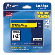 Brother TZe Standard Adhesive Laminated Labeling Tape, 0.47" x 26.2 ft, Black on Yellow, 2/Pack (TZE6312PK)