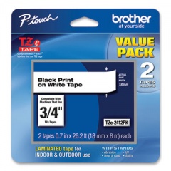 Brother TZe Standard Adhesive Laminated Labeling Tape, 0.7" x 26.2 ft, Black on White, 2/Pack (TZE2412PK)