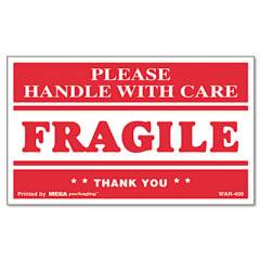 Universal Printed Message Self-Adhesive Shipping Labels, FRAGILE Handle with Care, 3 x 5, Red/Clear, 500/Roll (308383)